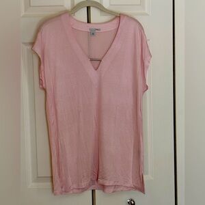 Halogen L Tunic in blush pink, mixed media top with silver bead detail.